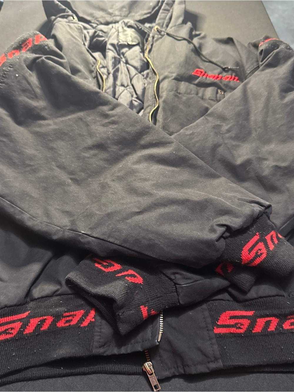 VTG Snap-On Tools Canvas Hooded Bomber Jacket Black Red Logo Knit Cuff Waist L